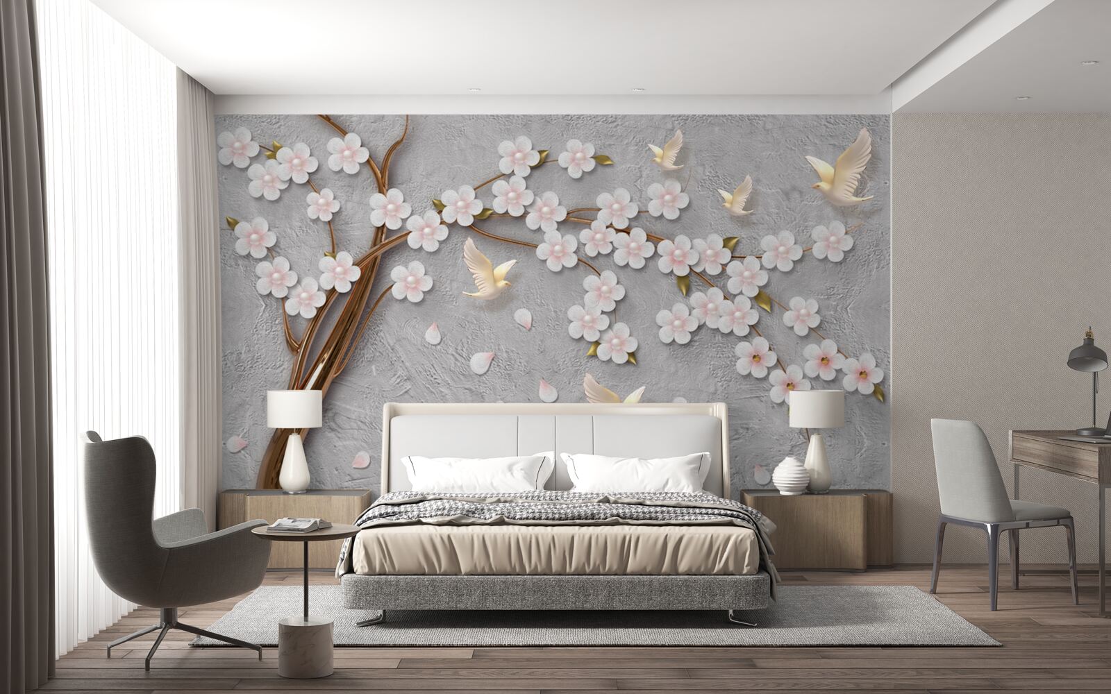 Fototapeta rozkvitnutý strom a snehobiele holubice