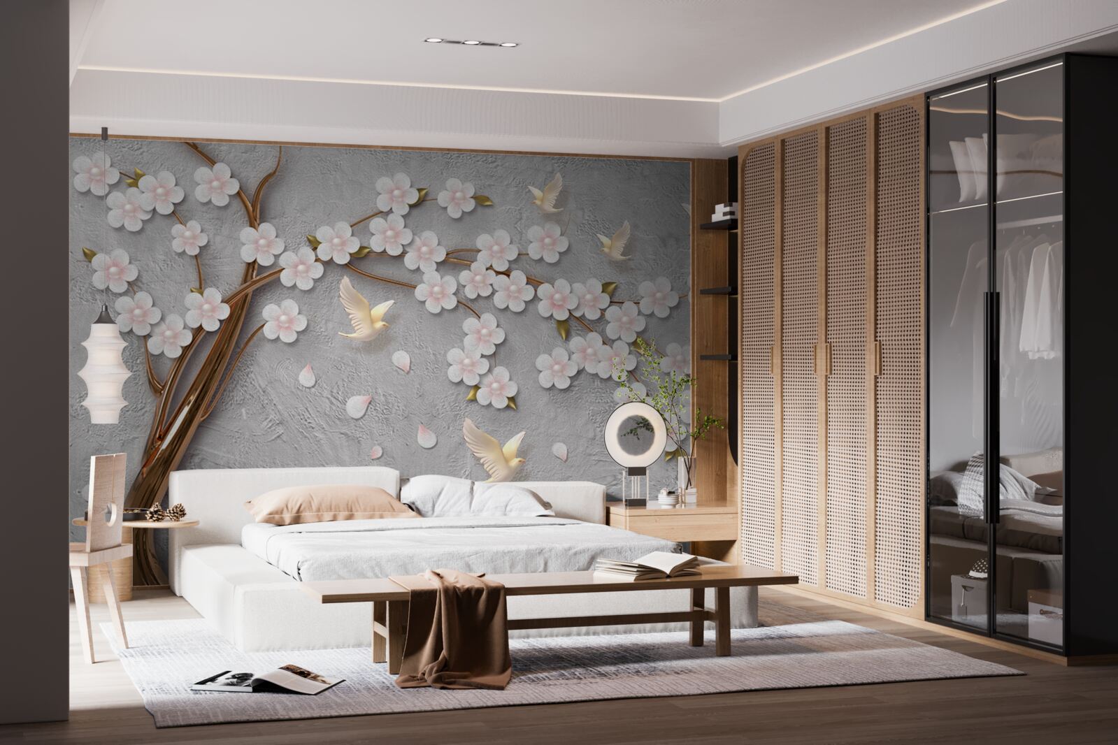 Fototapeta rozkvitnutý strom a snehobiele holubice