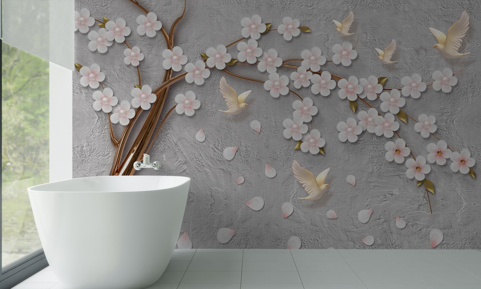 Fototapeta rozkvitnutý strom a snehobiele holubice