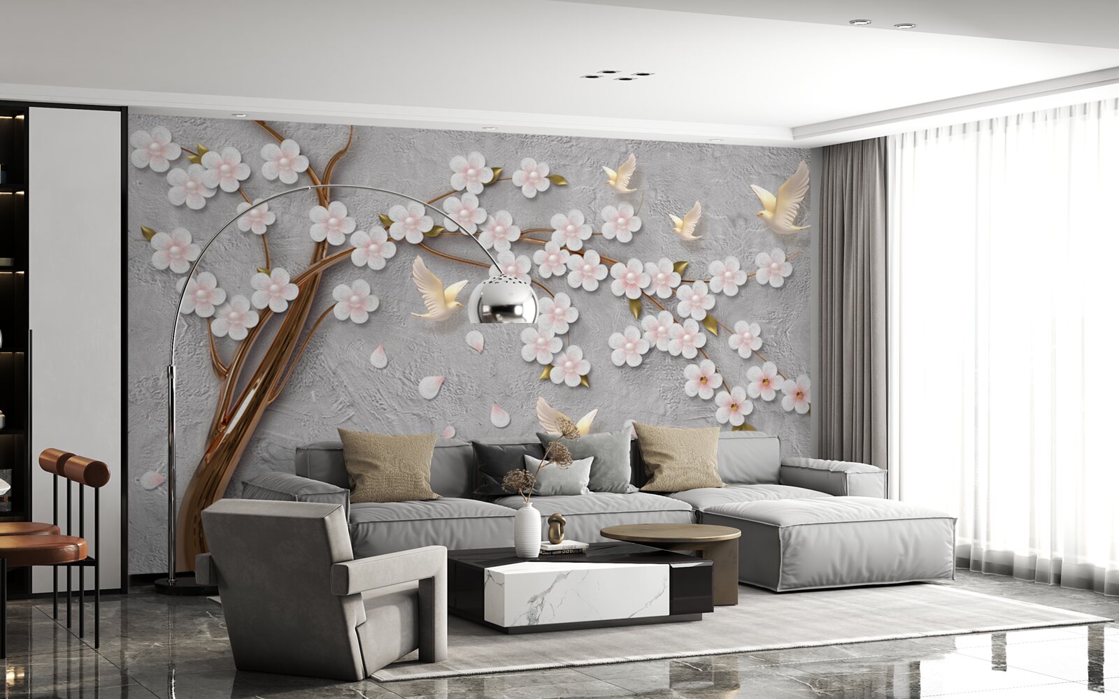 Fototapeta rozkvitnutý strom a snehobiele holubice