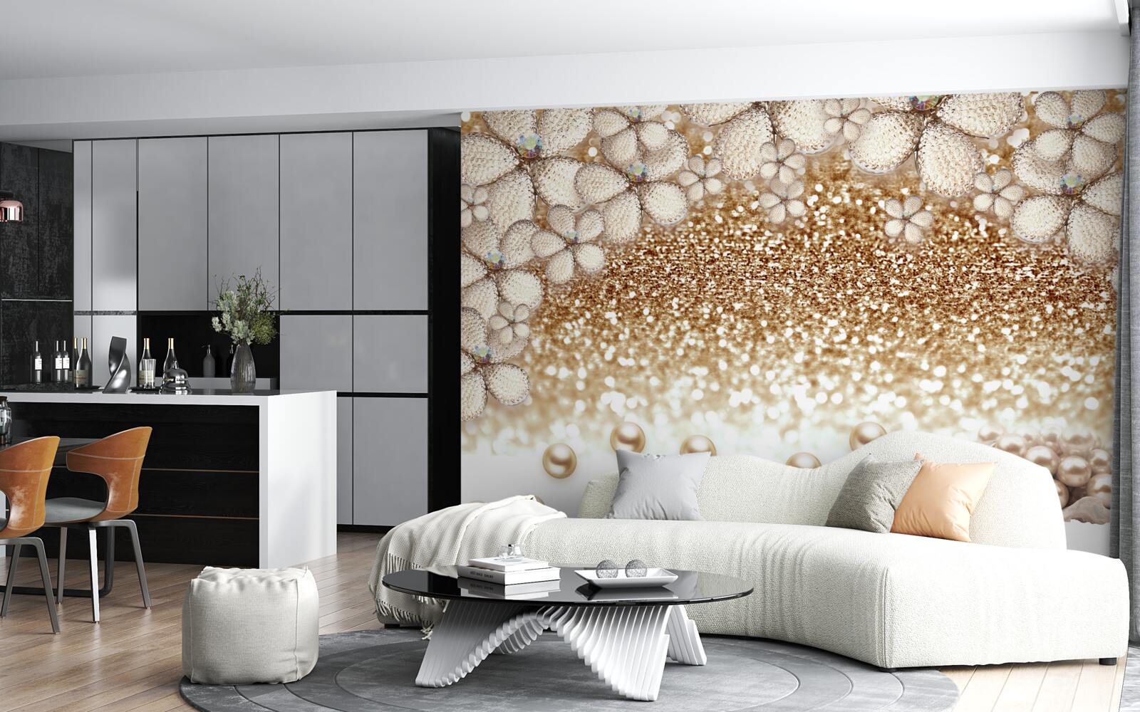 Fototapeta biele a zlaté kvety a perly