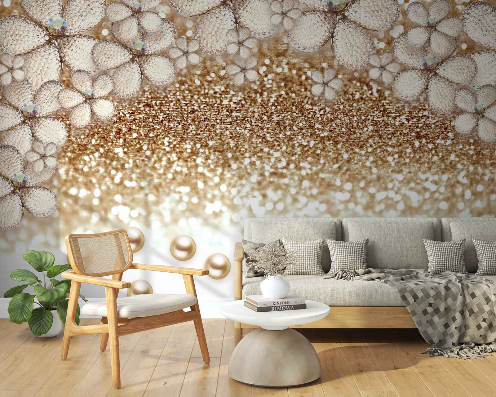 Fototapeta biele a zlaté kvety a perly