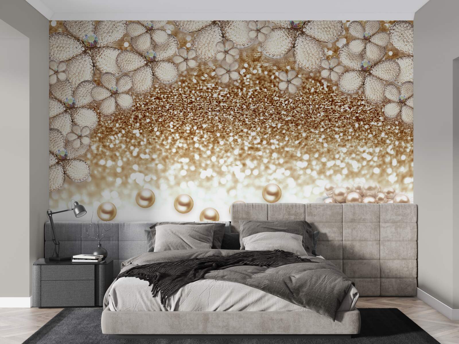 Fototapeta biele a zlaté kvety a perly