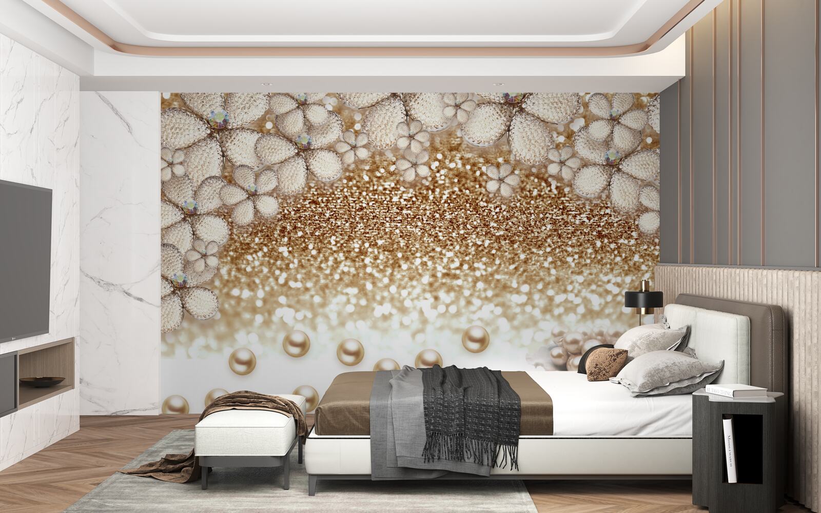 Fototapeta biele a zlaté kvety a perly