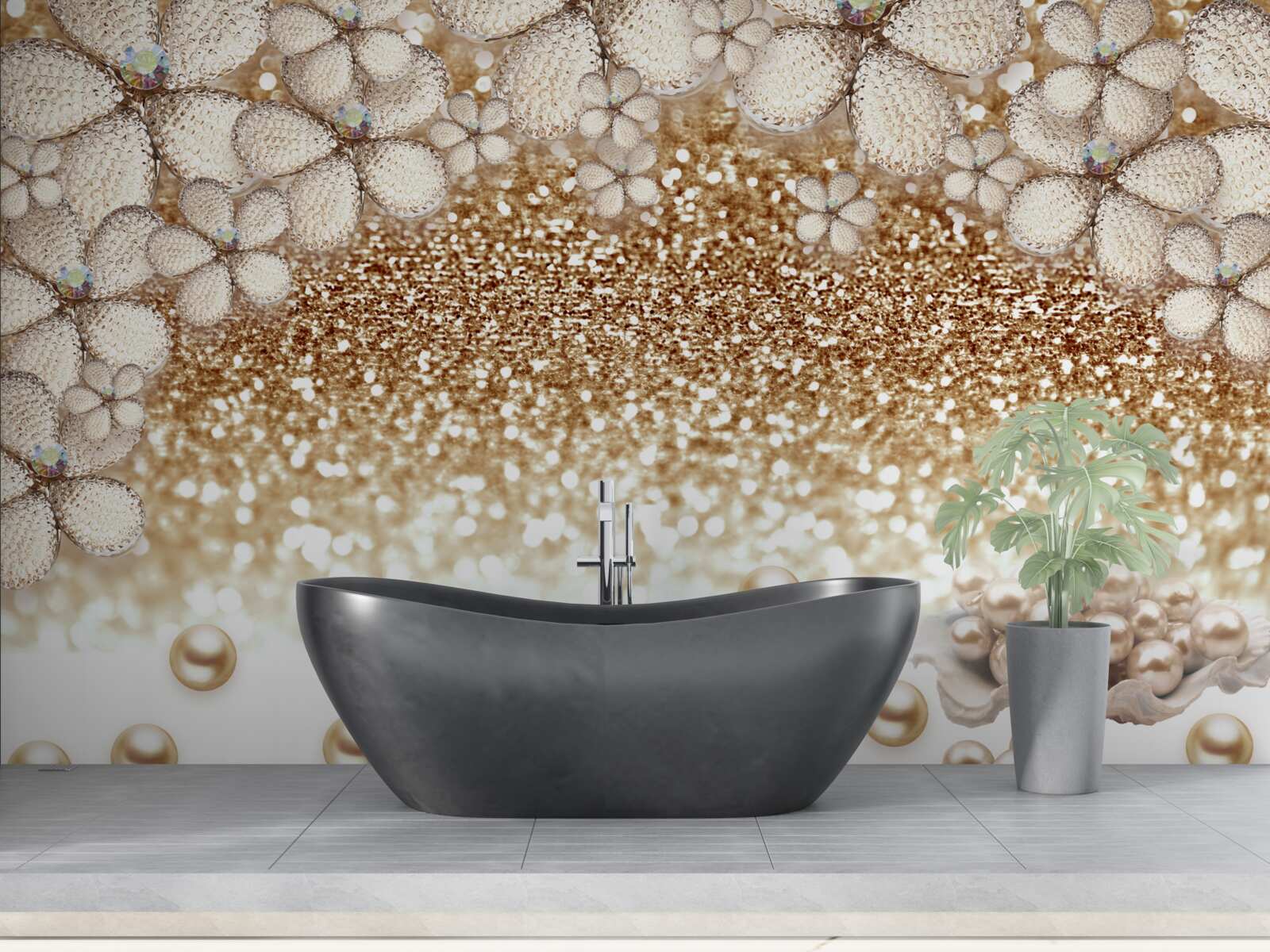 Fototapeta biele a zlaté kvety a perly