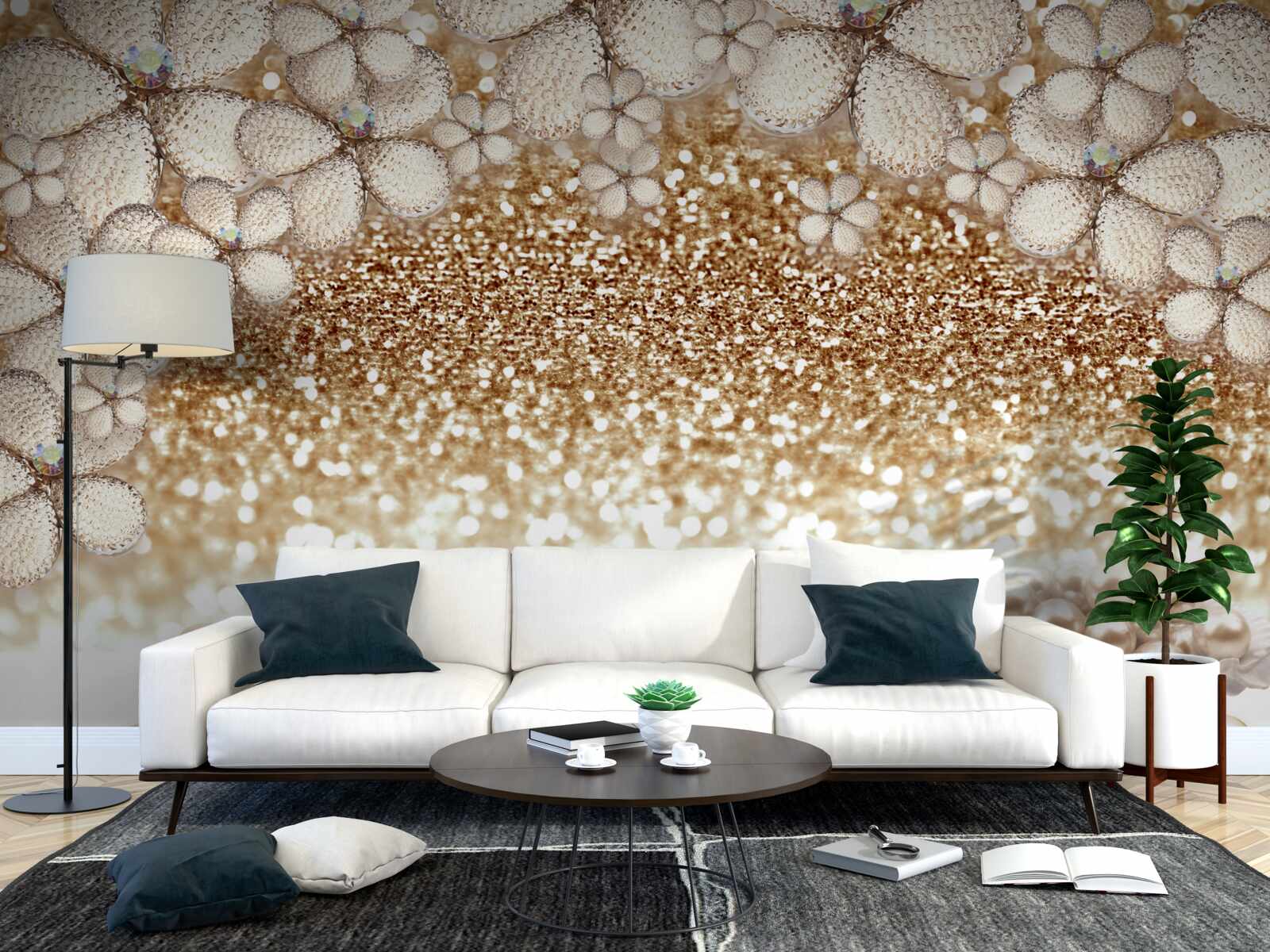 Fototapeta biele a zlaté kvety a perly