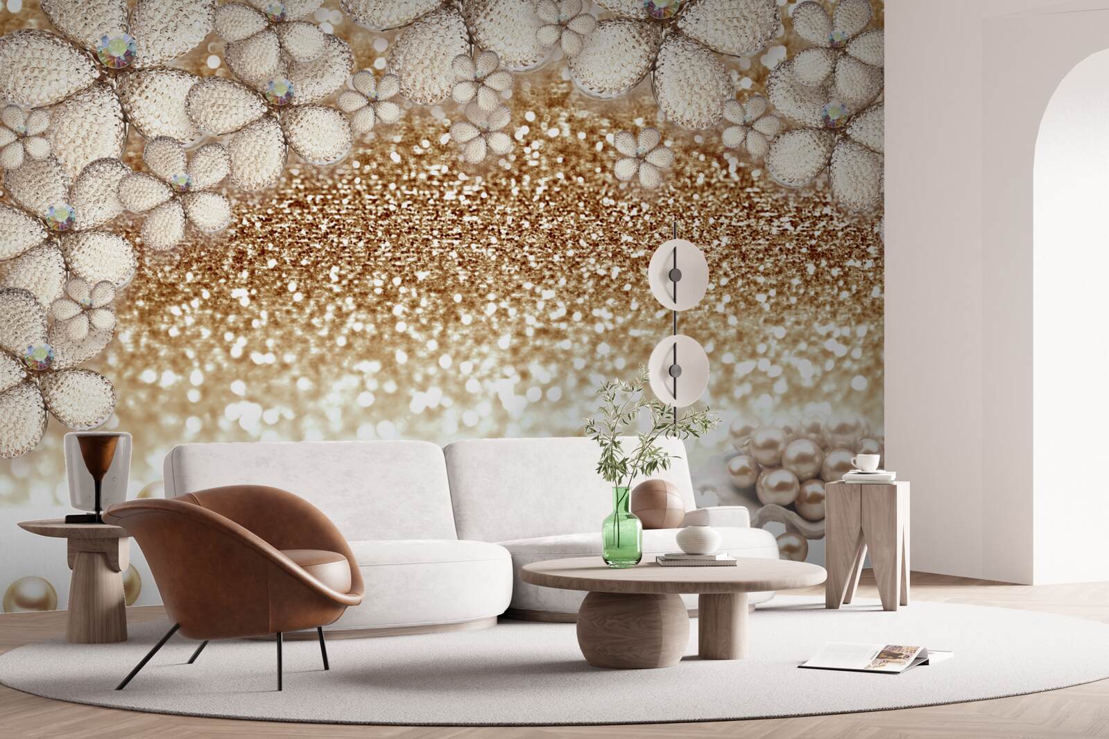 Fototapeta biele a zlaté kvety a perly