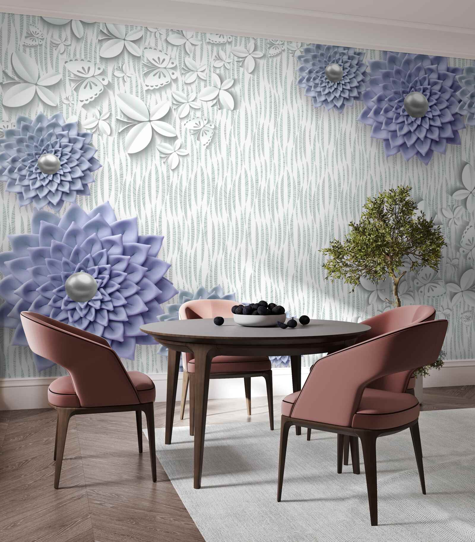 Fototapeta modrá látka s kvetmi a motýľmi