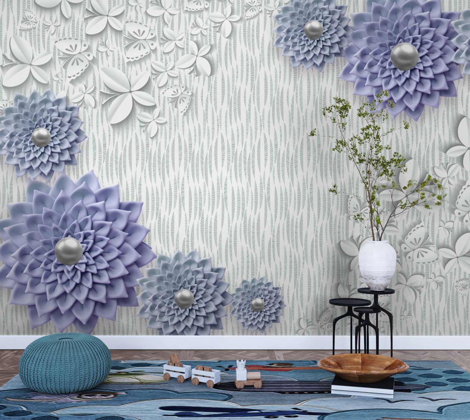 Fototapeta modrá látka s kvetmi a motýľmi