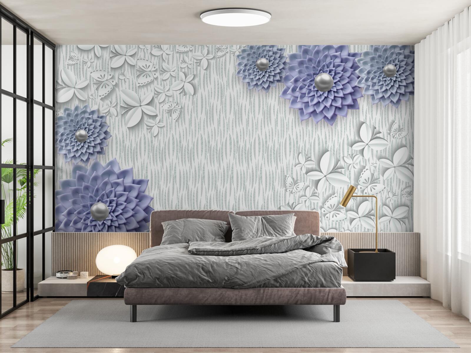 Fototapeta modrá látka s kvetmi a motýľmi