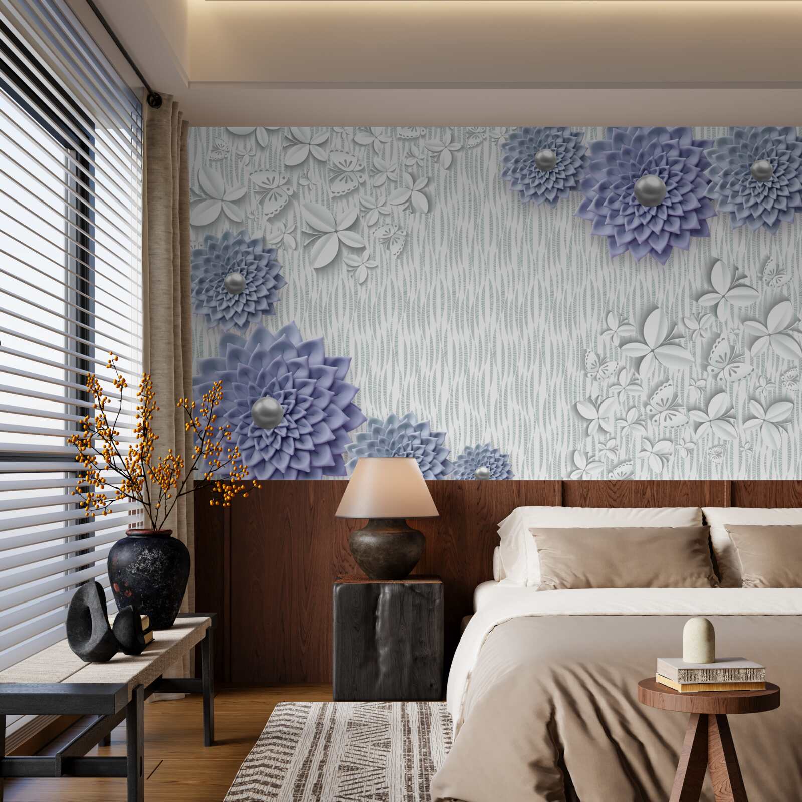 Fototapeta modrá látka s kvetmi a motýľmi