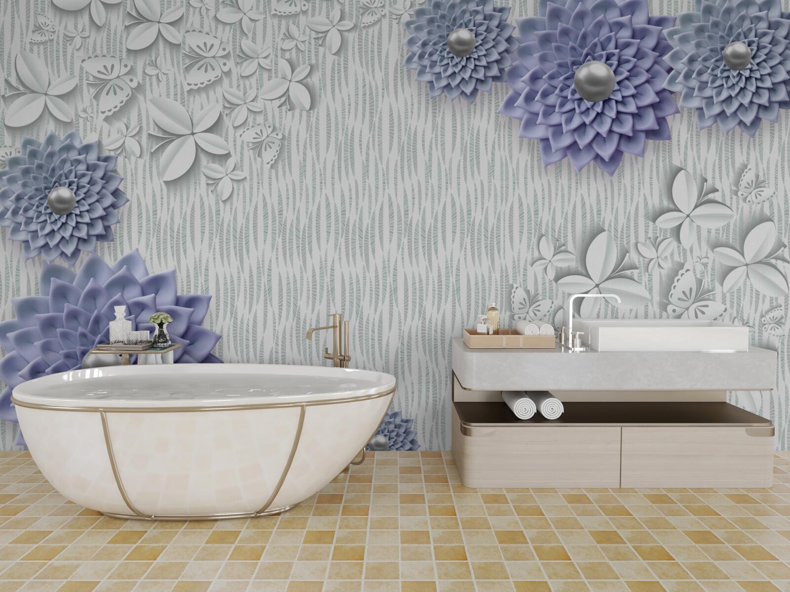 Fototapeta modrá látka s kvetmi a motýľmi