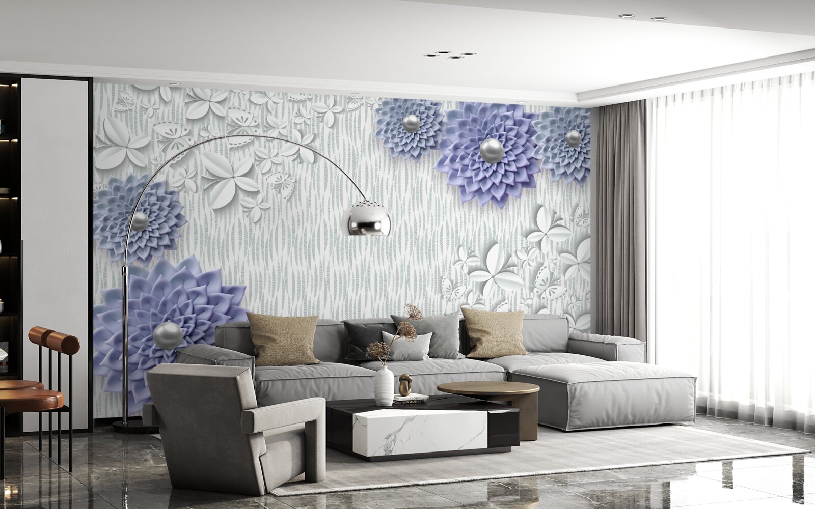 Fototapeta modrá látka s kvetmi a motýľmi