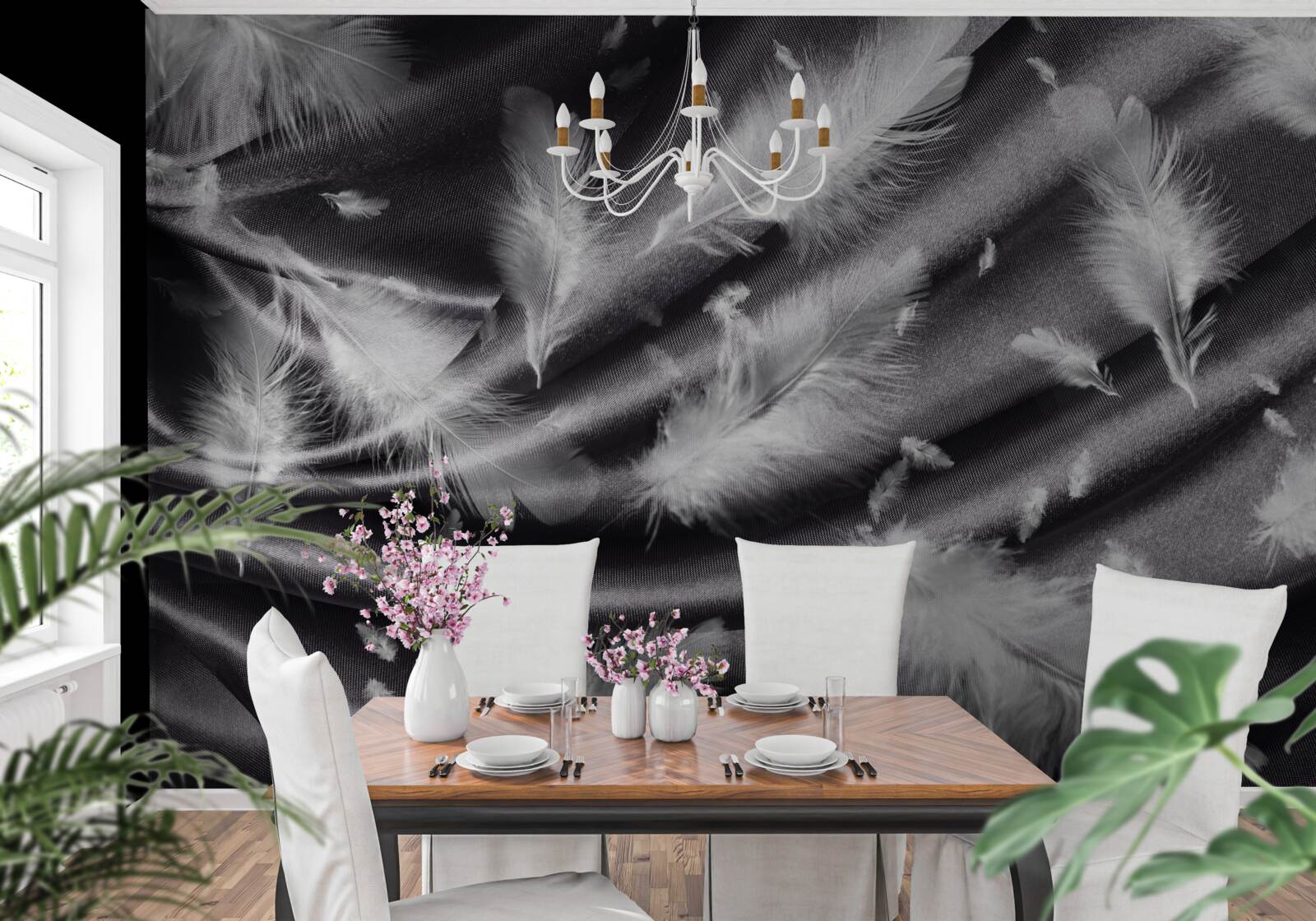 Fototapeta na sivom materiáli boli položené snehobiele pierka