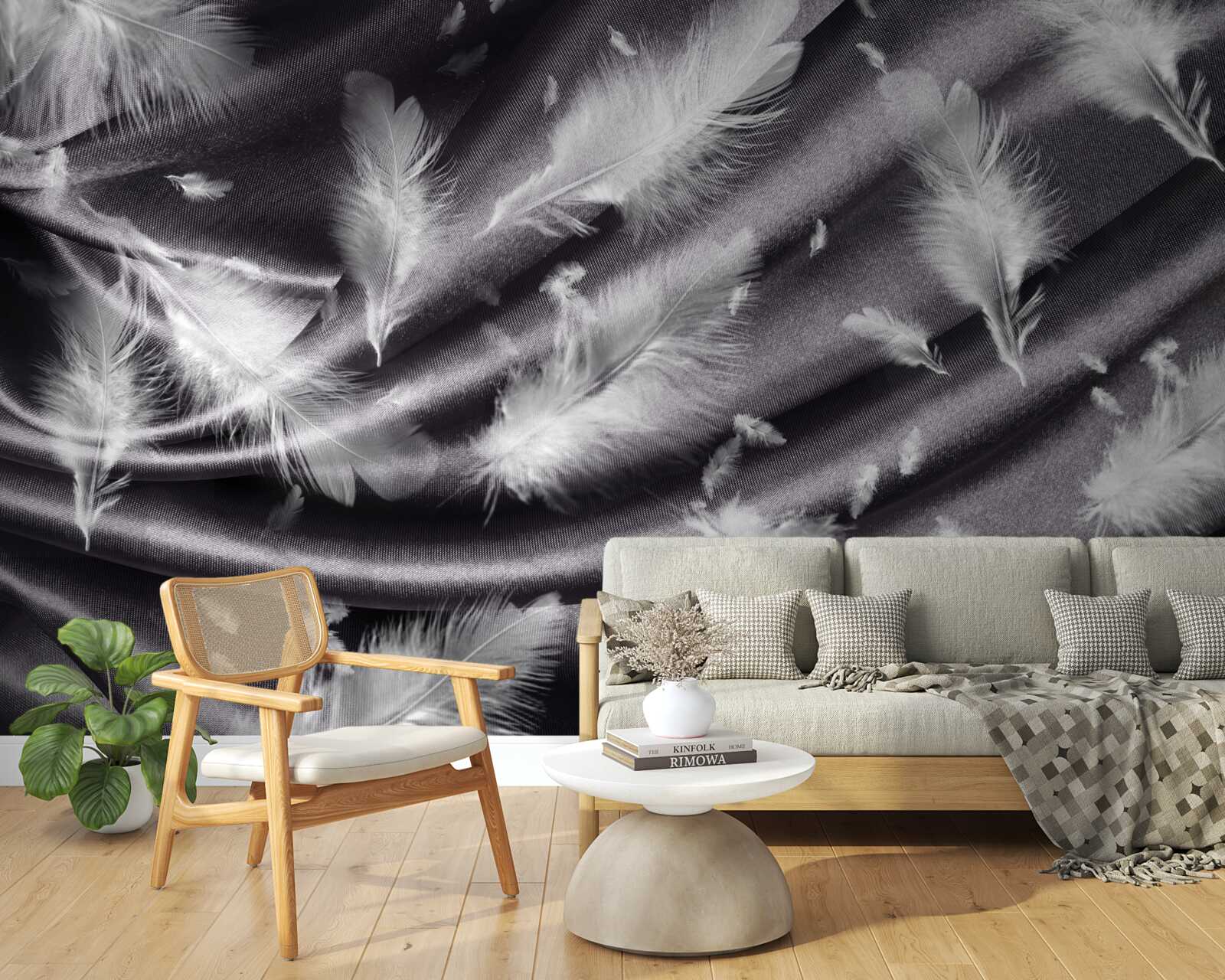 Fototapeta na sivom materiáli boli položené snehobiele pierka