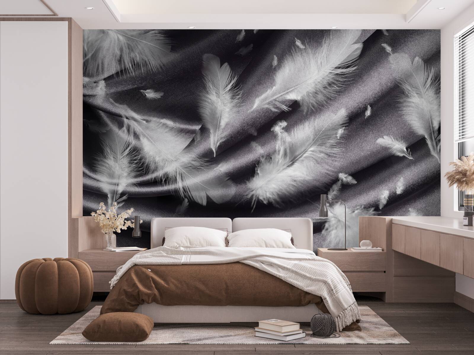 Fototapeta na sivom materiáli boli položené snehobiele pierka