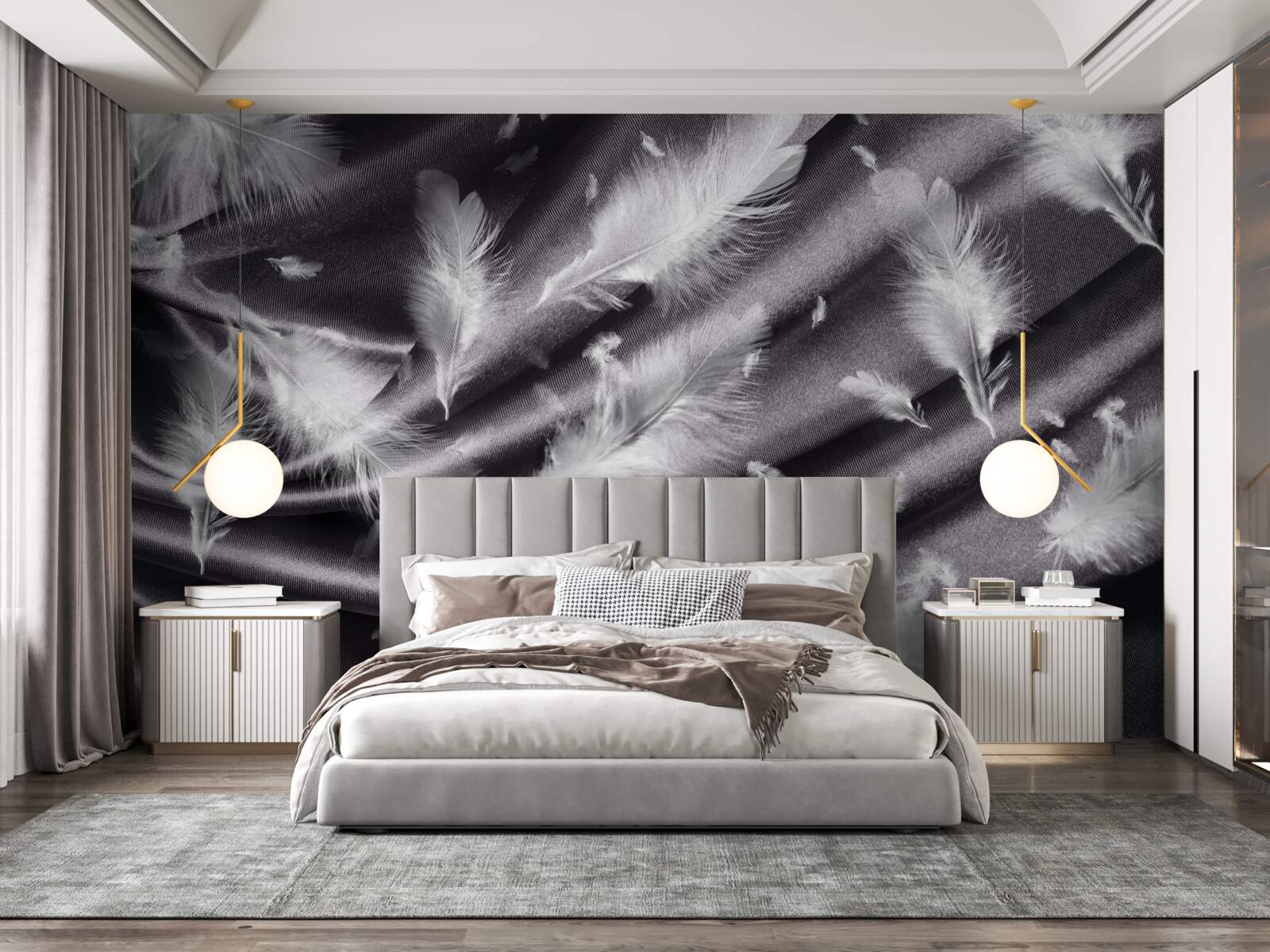 Fototapeta na sivom materiáli boli položené snehobiele pierka