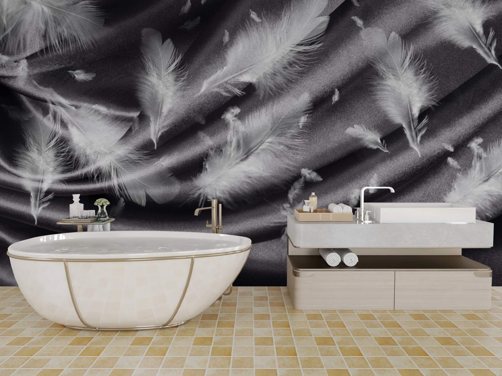 Fototapeta na sivom materiáli boli položené snehobiele pierka