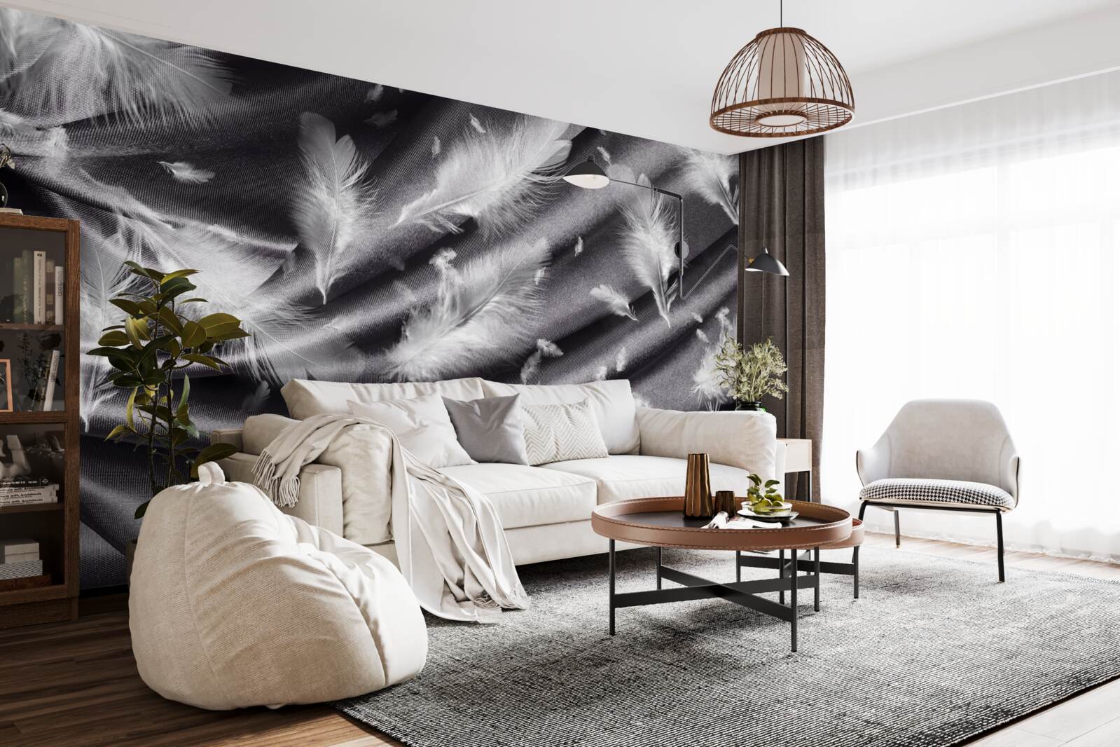 Fototapeta na sivom materiáli boli položené snehobiele pierka