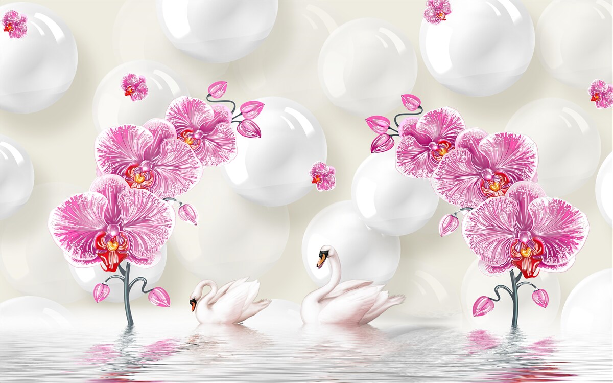 Fototapeta orgovánová magnólia a labute plávajú na jazere