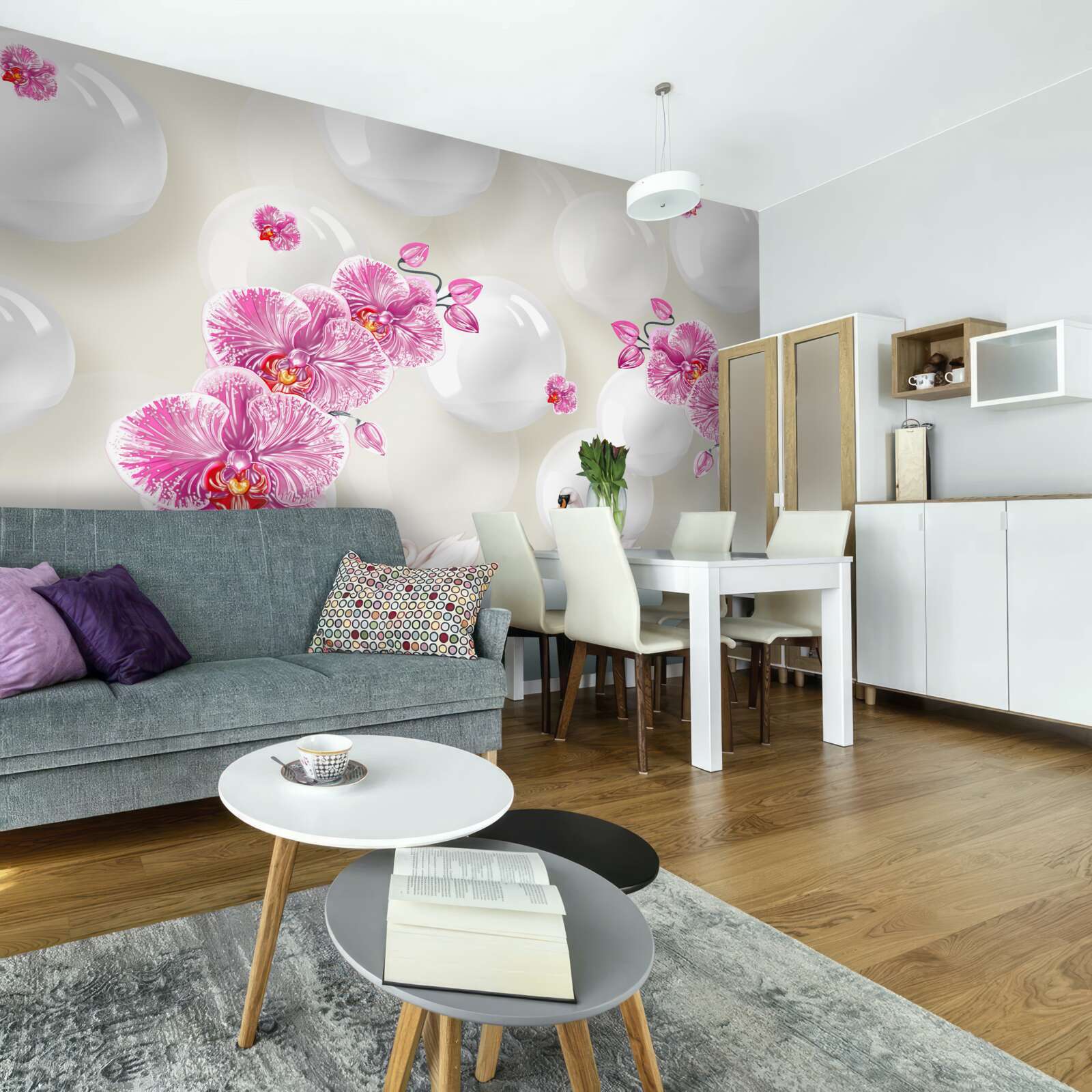 Fototapeta orgovánová magnólia a labute plávajú na jazere