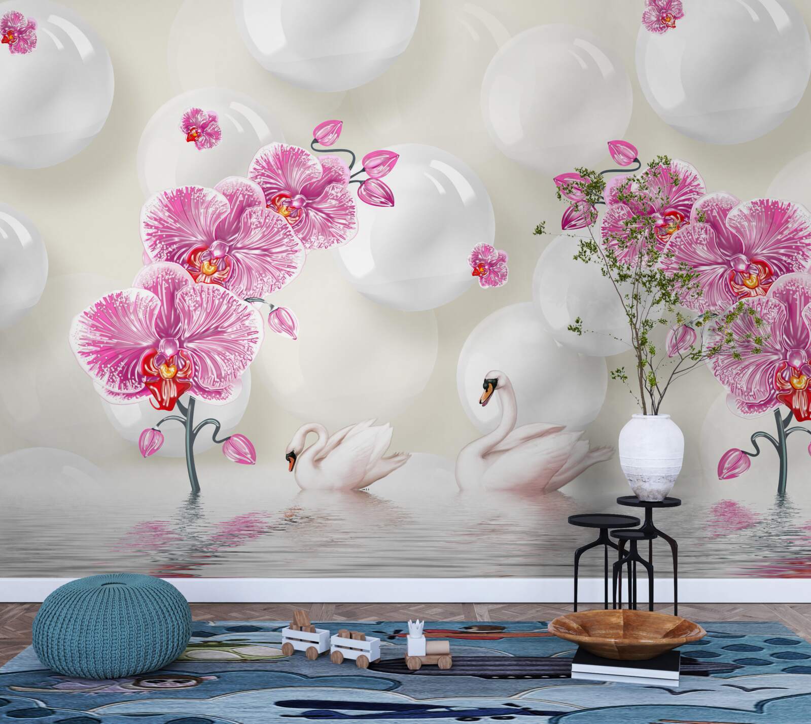 Fototapeta orgovánová magnólia a labute plávajú na jazere