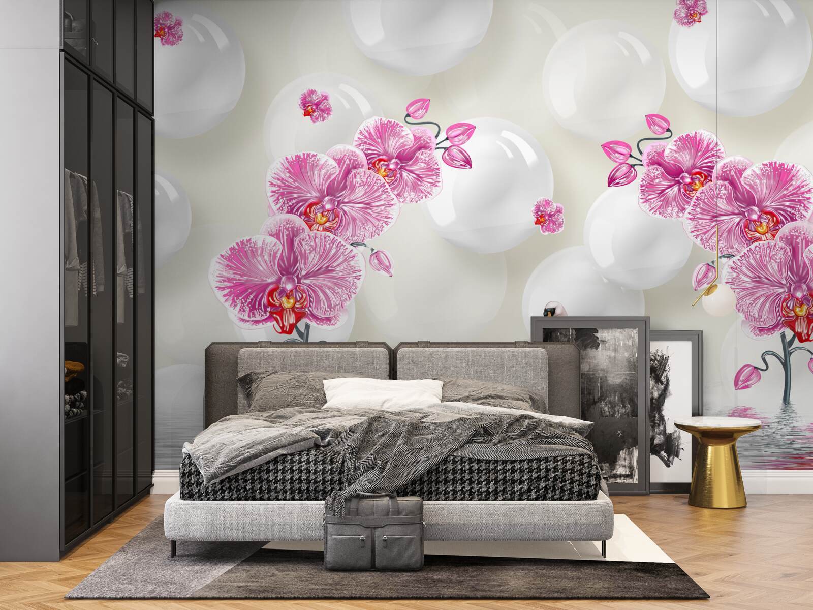 Fototapeta orgovánová magnólia a labute plávajú na jazere