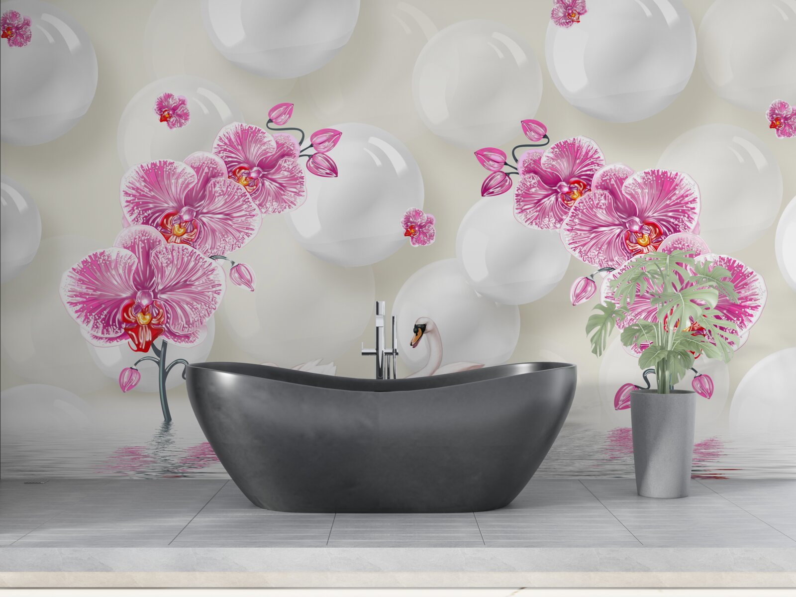 Fototapeta orgovánová magnólia a labute plávajú na jazere