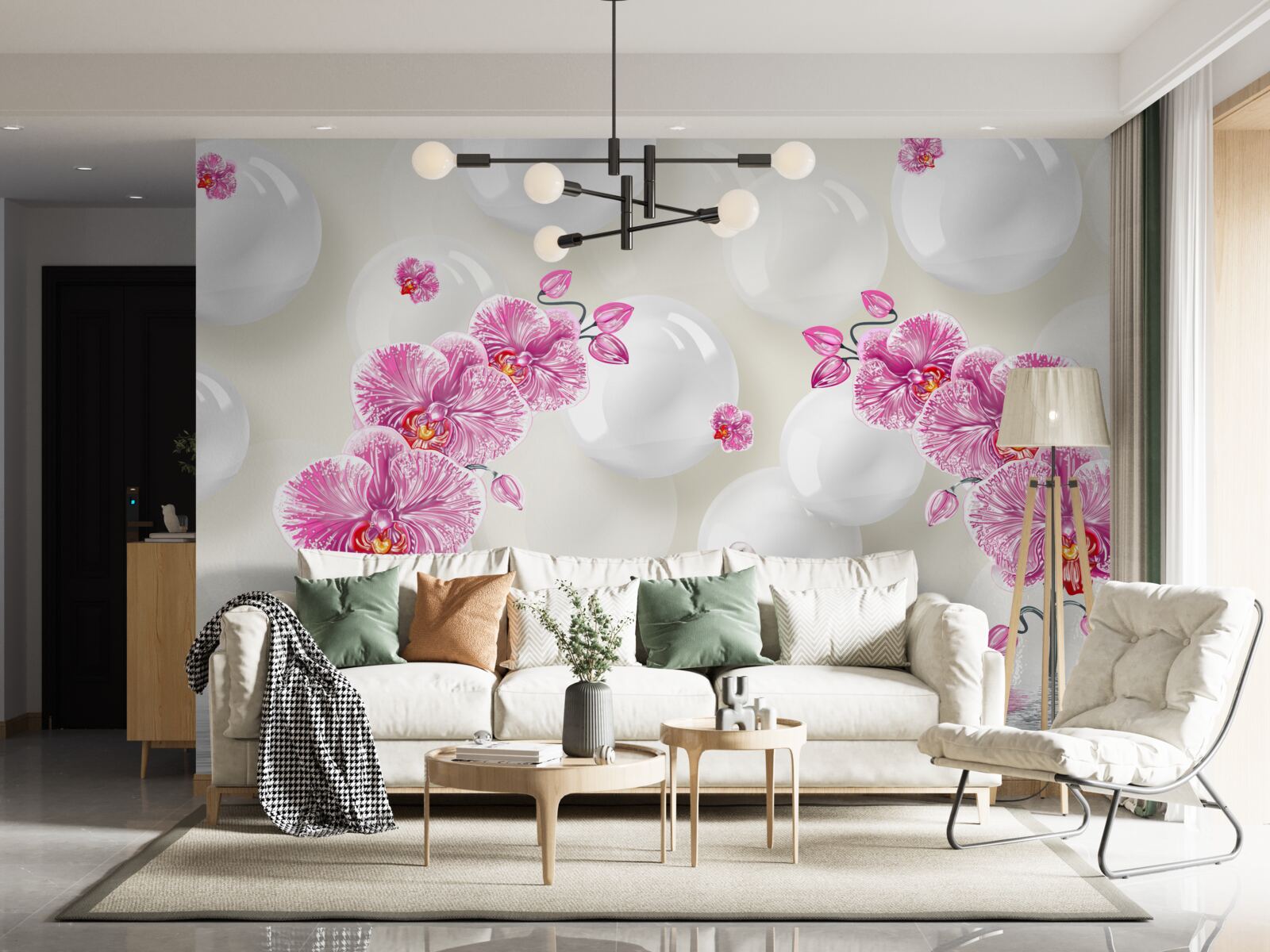 Fototapeta orgovánová magnólia a labute plávajú na jazere