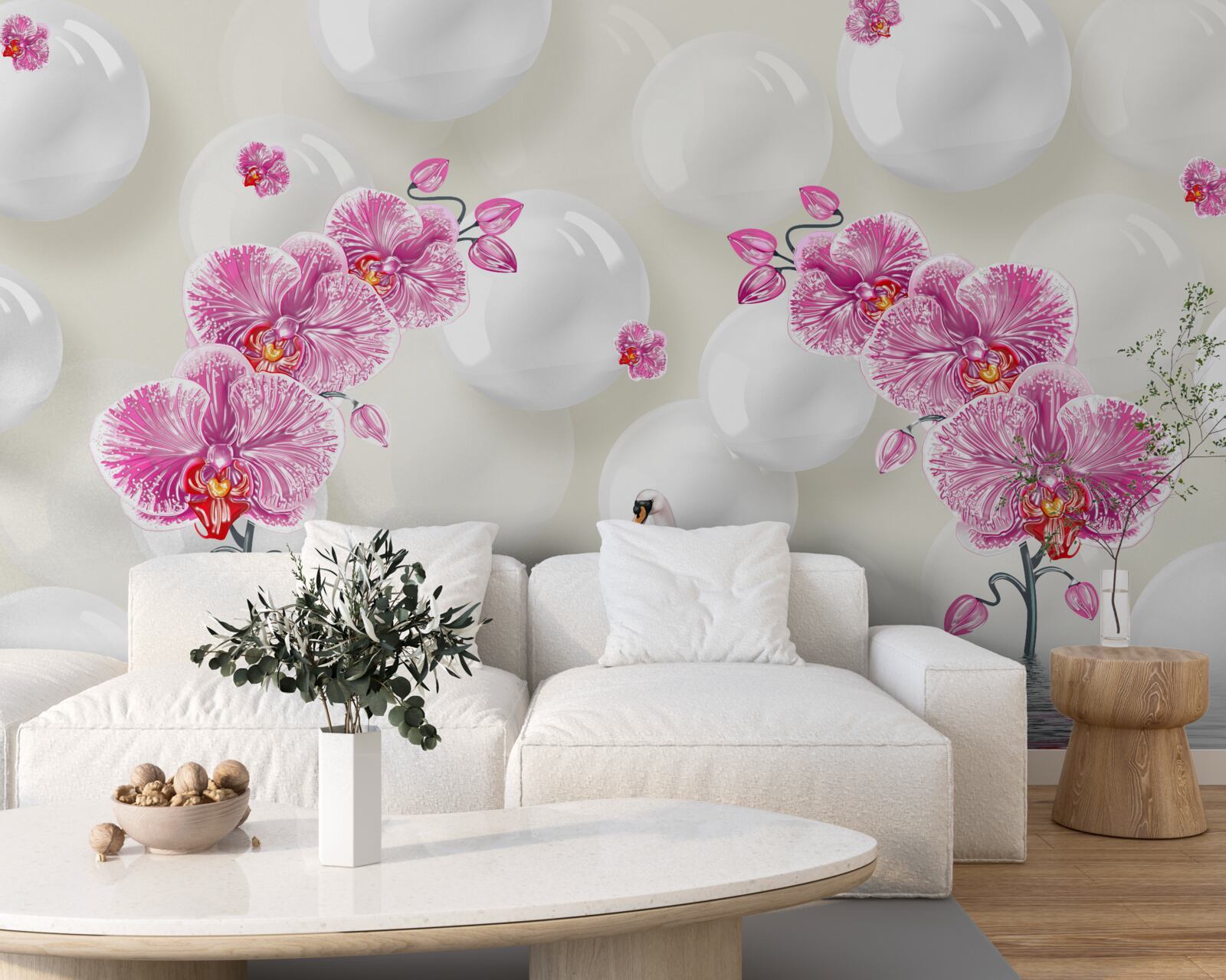 Fototapeta orgovánová magnólia a labute plávajú na jazere