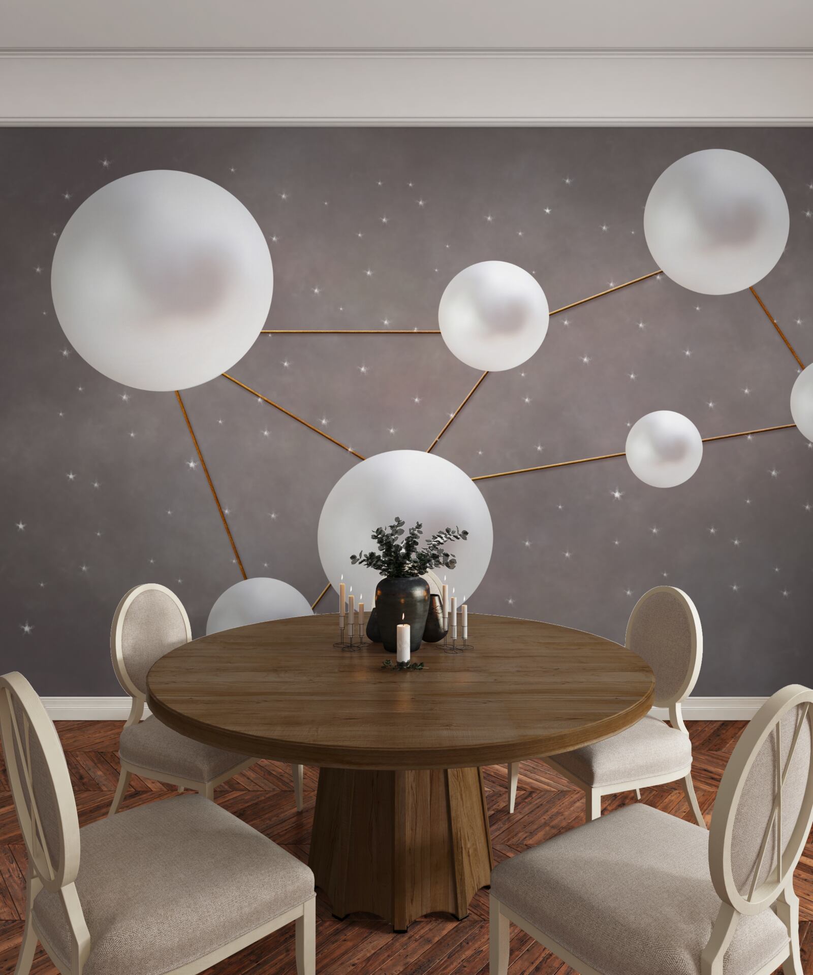 Fototapeta biele gule zdobené zlatými linkami sú roztrúsené na sivom podklade