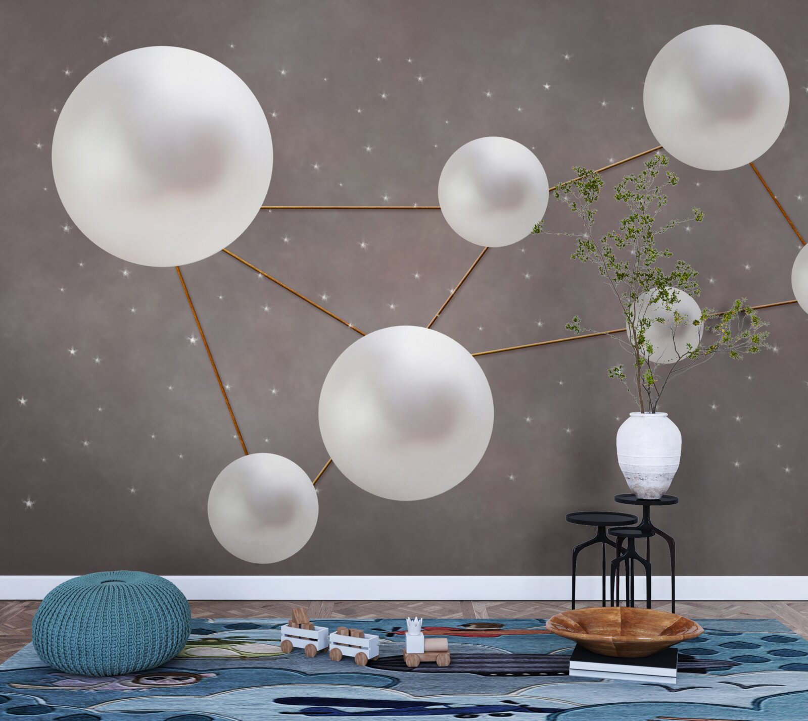 Fototapeta biele gule zdobené zlatými linkami sú roztrúsené na sivom podklade