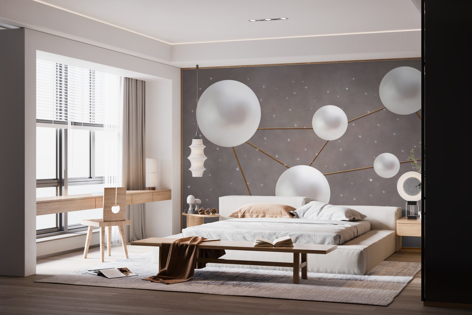 Fototapeta biele gule zdobené zlatými linkami sú roztrúsené na sivom podklade