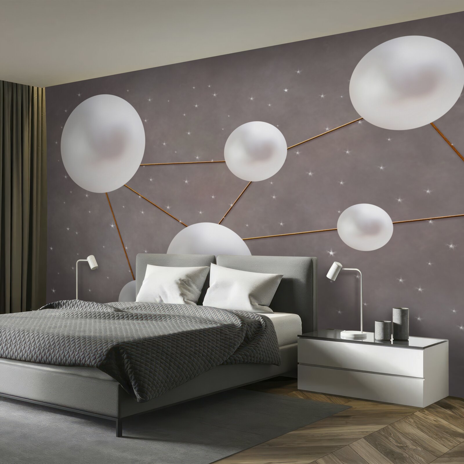 Fototapeta biele gule zdobené zlatými linkami sú roztrúsené na sivom podklade