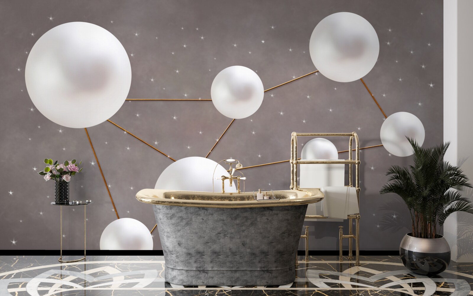 Fototapeta biele gule zdobené zlatými linkami sú roztrúsené na sivom podklade