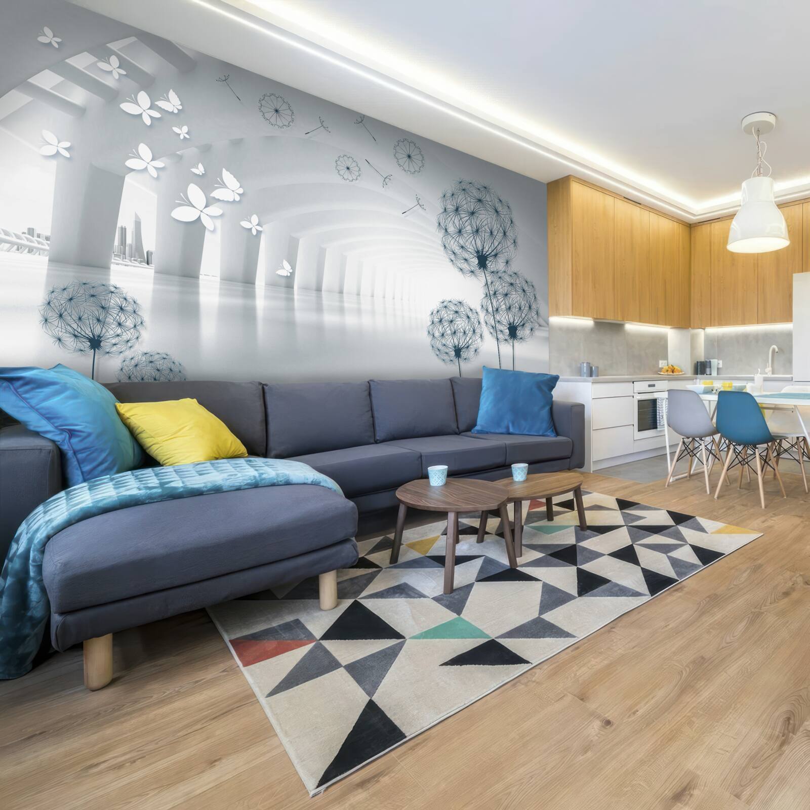 Fototapeta Snehobiele oblúky na oblohe a poľné púpavy