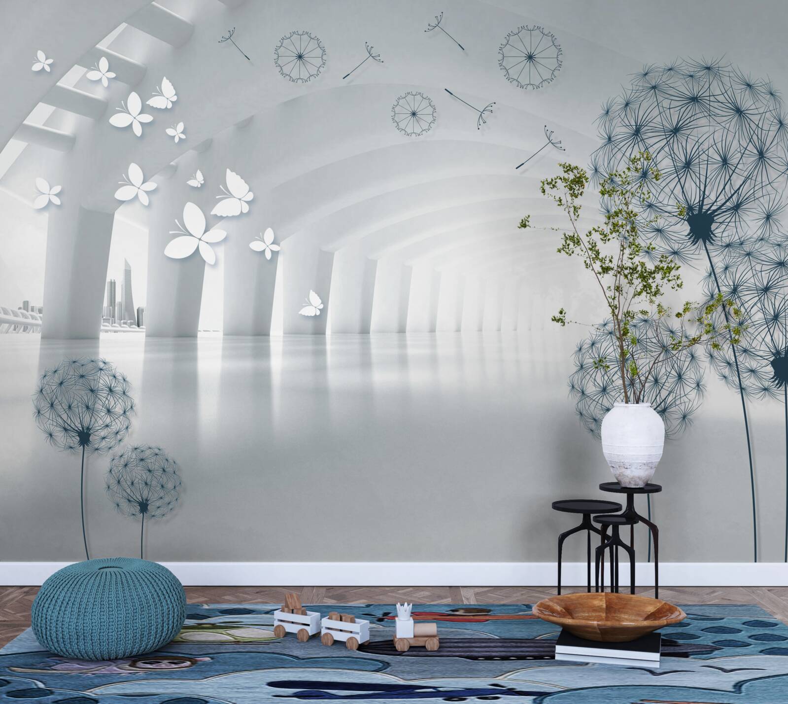 Fototapeta Snehobiele oblúky na oblohe a poľné púpavy