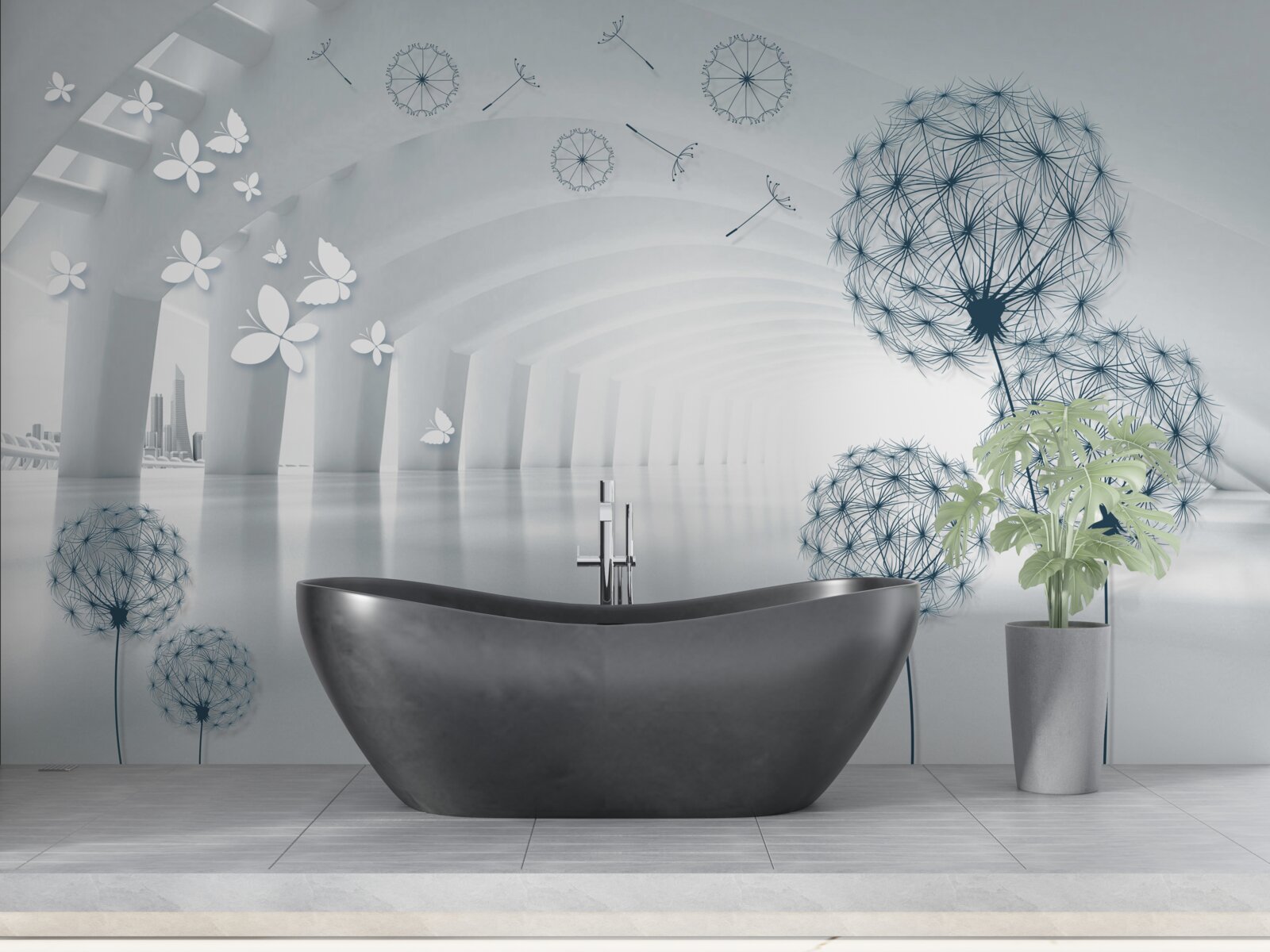 Fototapeta Snehobiele oblúky na oblohe a poľné púpavy