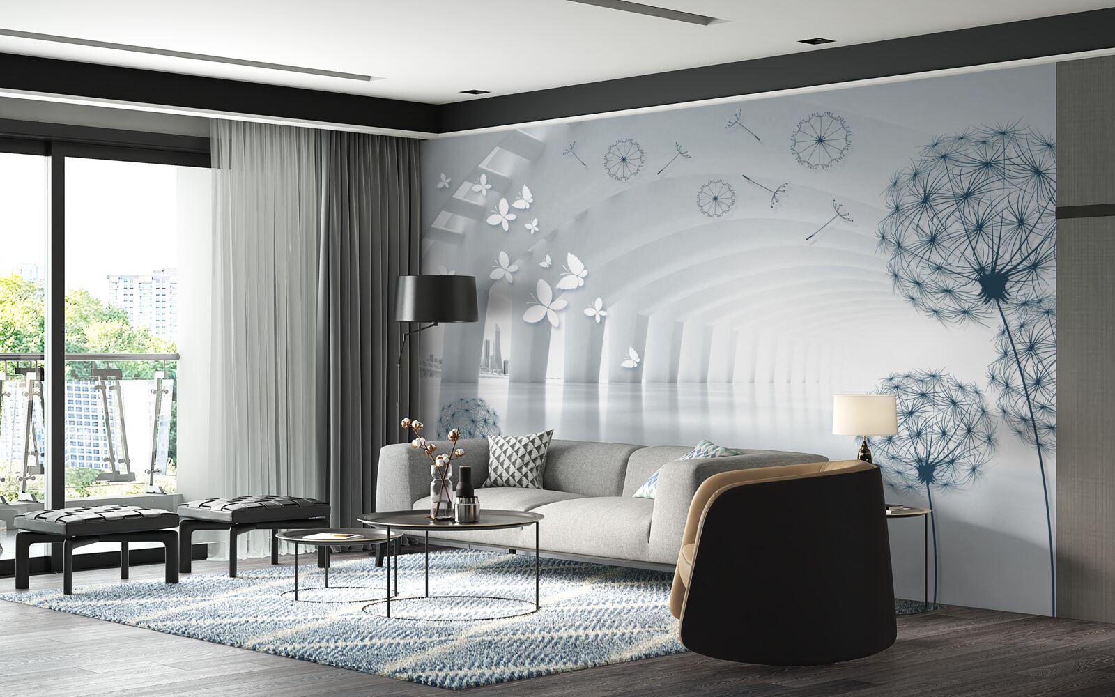 Fototapeta Snehobiele oblúky na oblohe a poľné púpavy