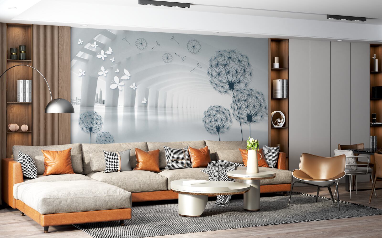 Fototapeta Snehobiele oblúky na oblohe a poľné púpavy