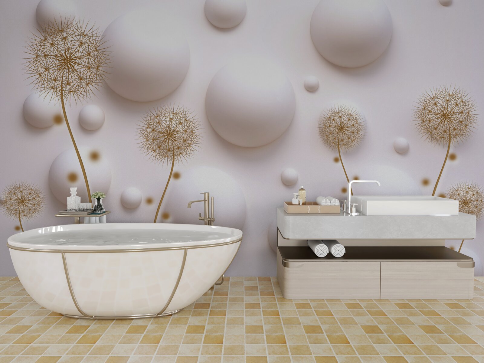 Fototapeta Snehobiele perly v tvare kruhu a zlaté púpavy