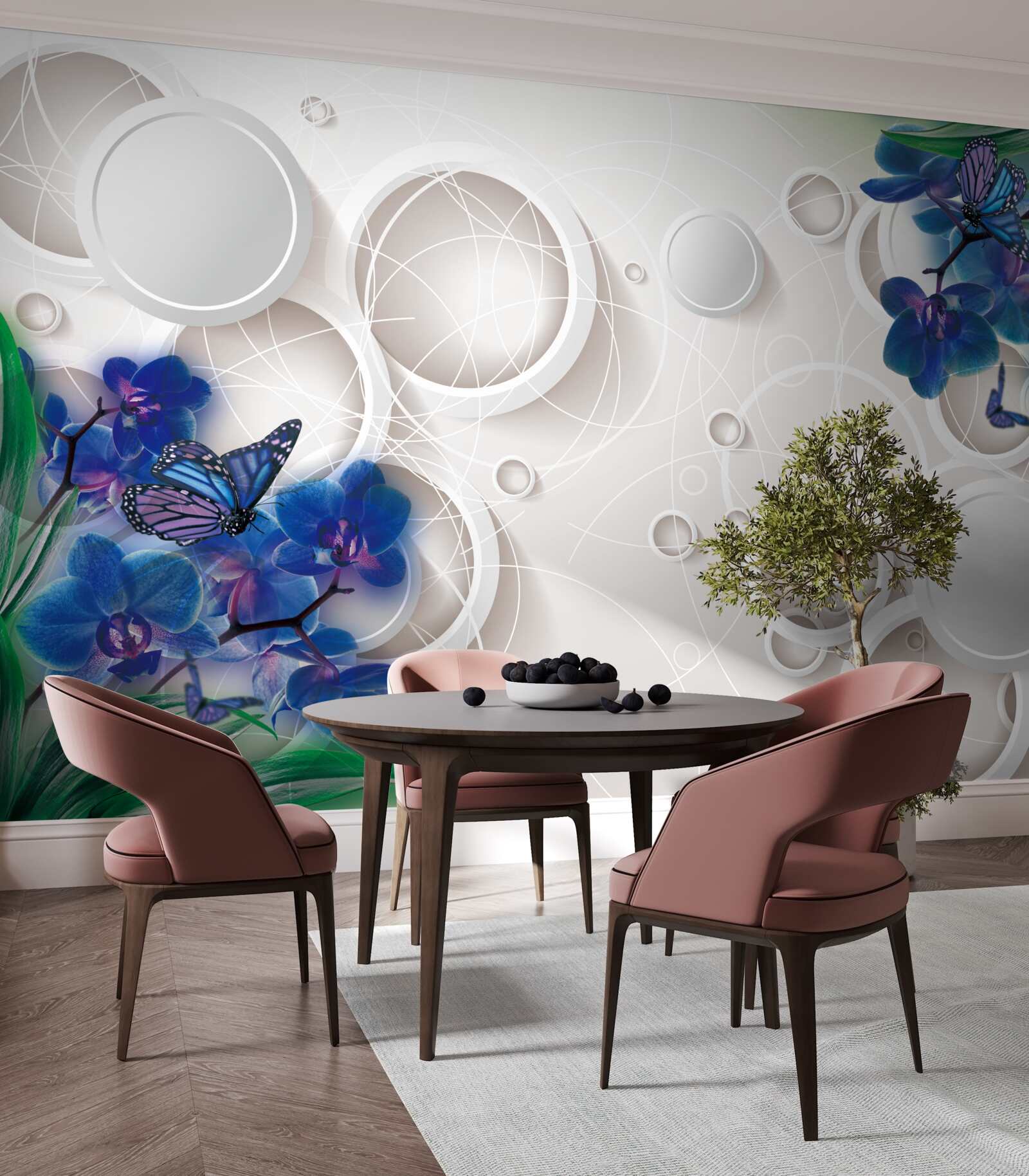 Fototapeta geometrické pozadie je zdobené modrými vetvičkami orchideí