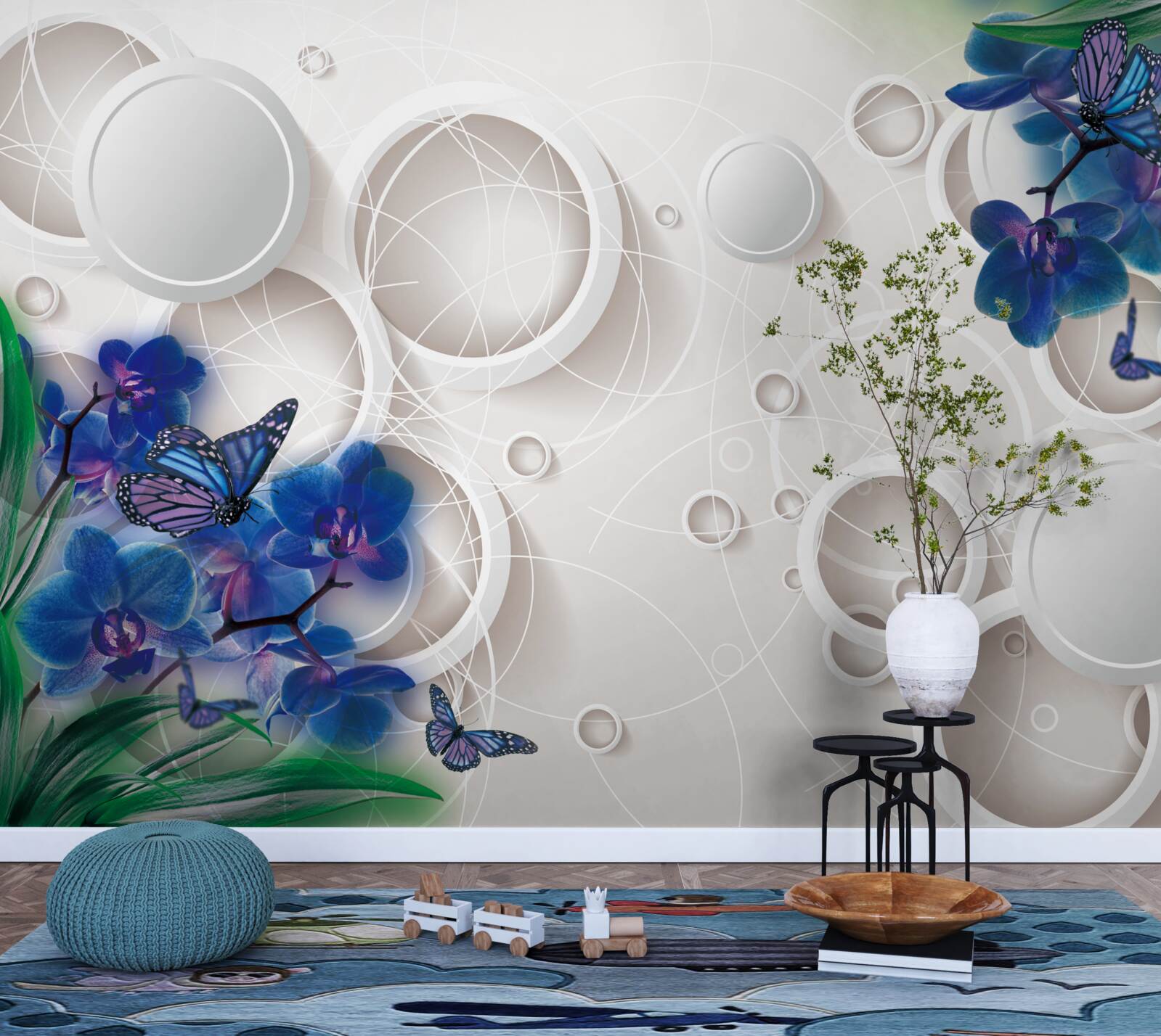 Fototapeta geometrické pozadie je zdobené modrými vetvičkami orchideí