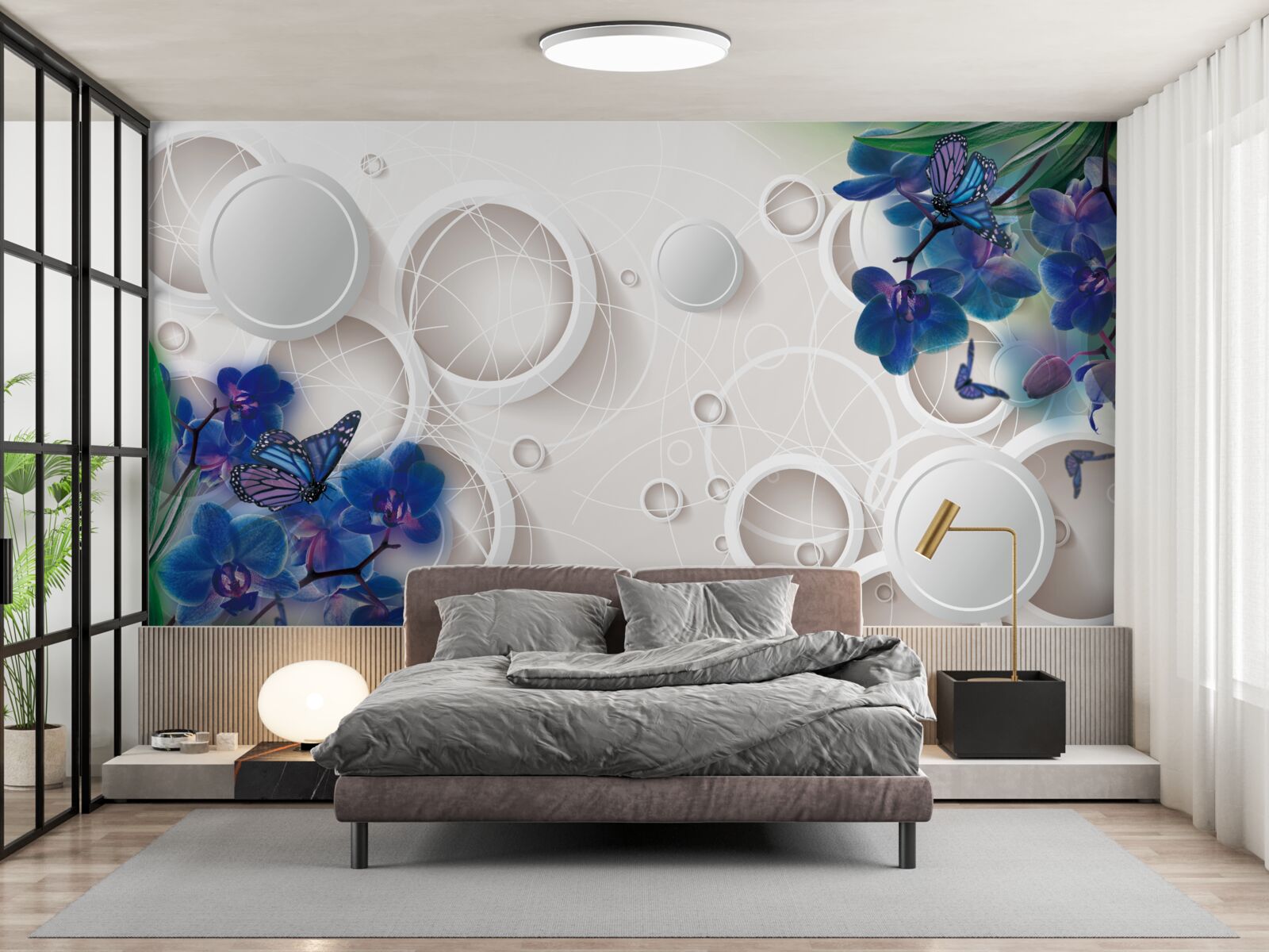 Fototapeta geometrické pozadie je zdobené modrými vetvičkami orchideí