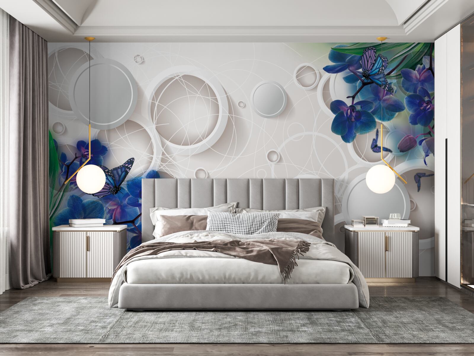 Fototapeta geometrické pozadie je zdobené modrými vetvičkami orchideí