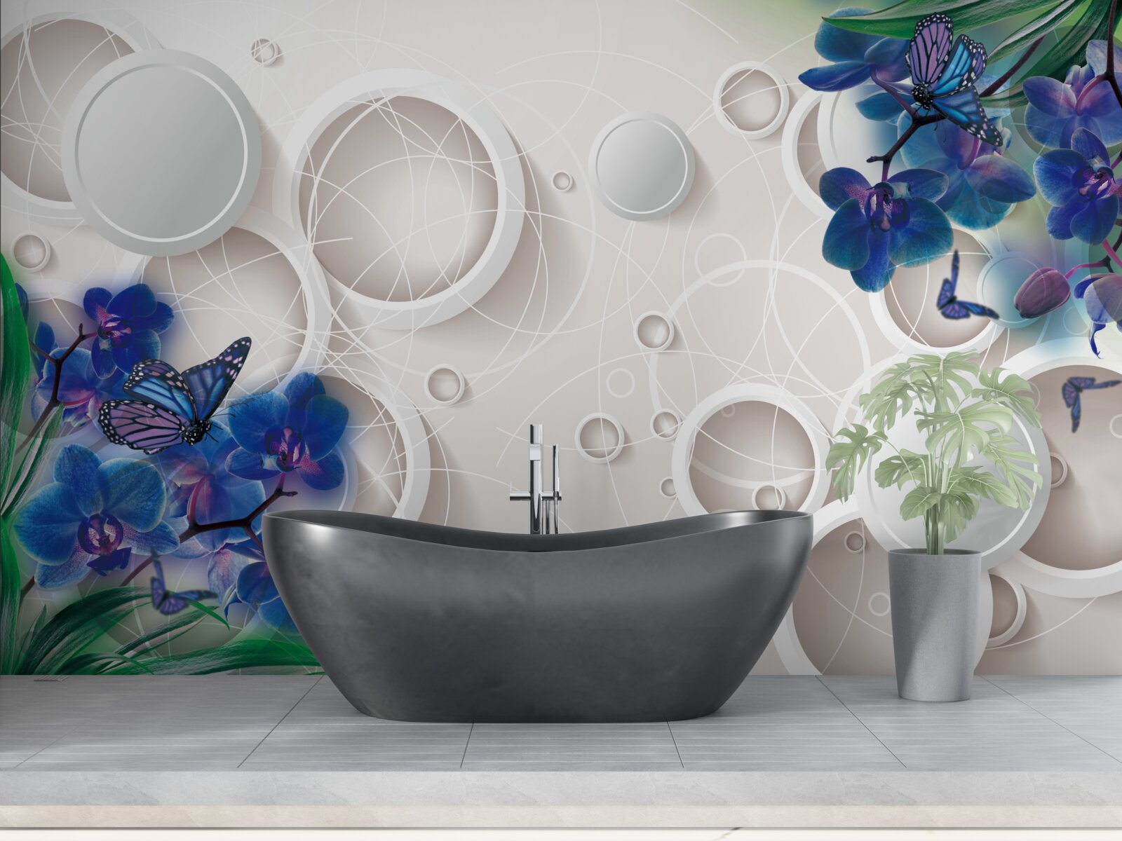 Fototapeta geometrické pozadie je zdobené modrými vetvičkami orchideí