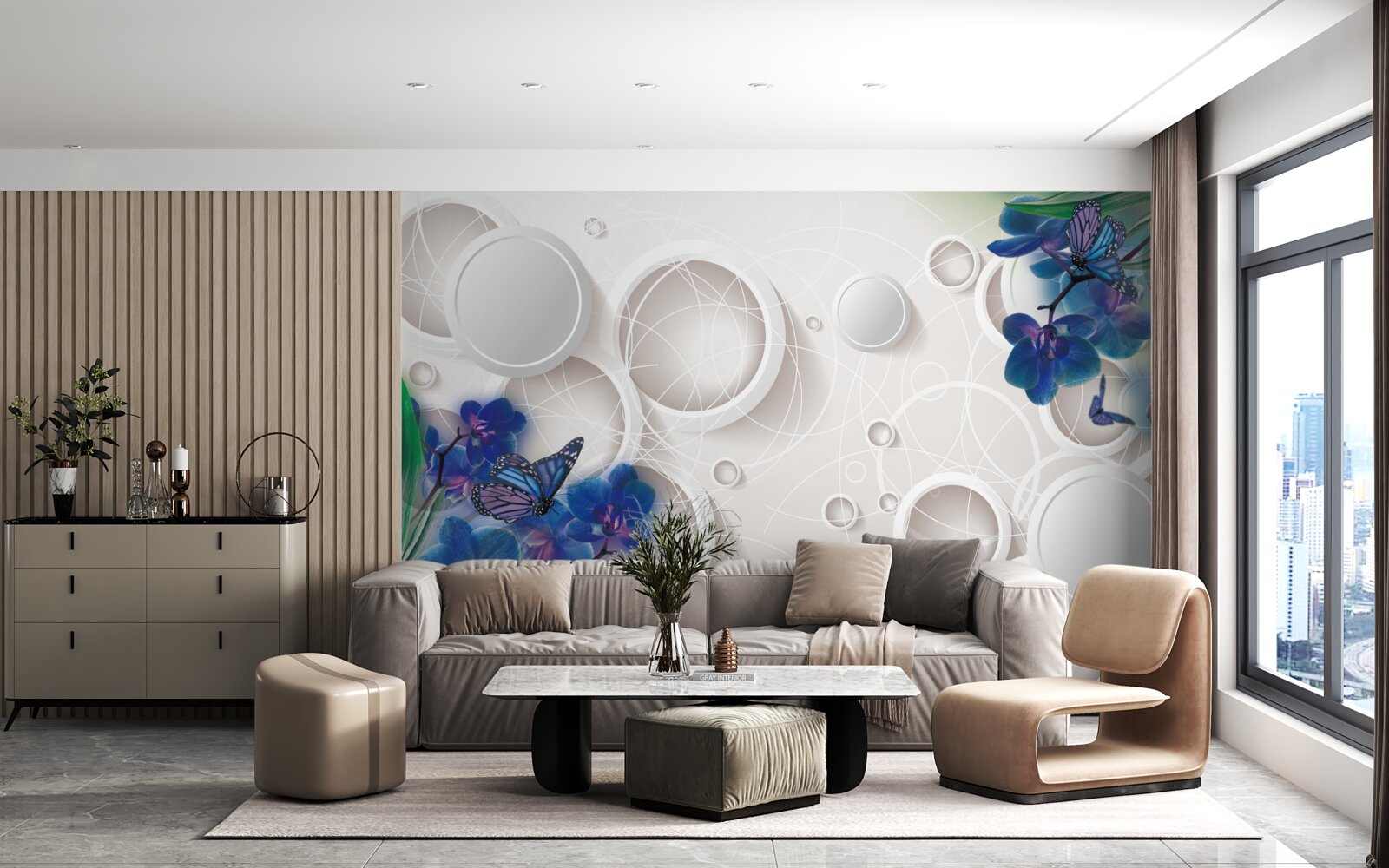 Fototapeta geometrické pozadie je zdobené modrými vetvičkami orchideí