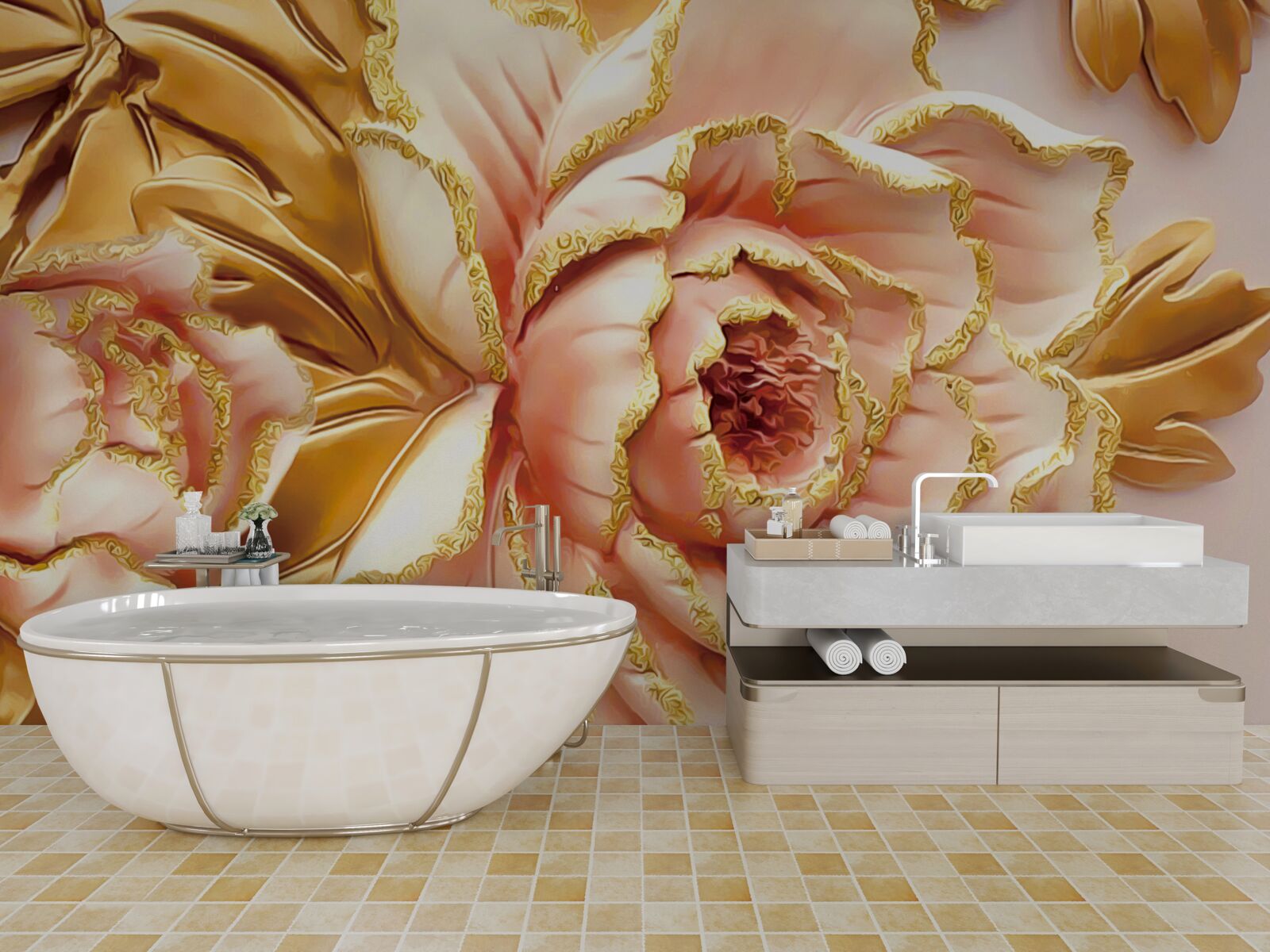 Fototapeta kvitnúca pivónia so zlatými listami