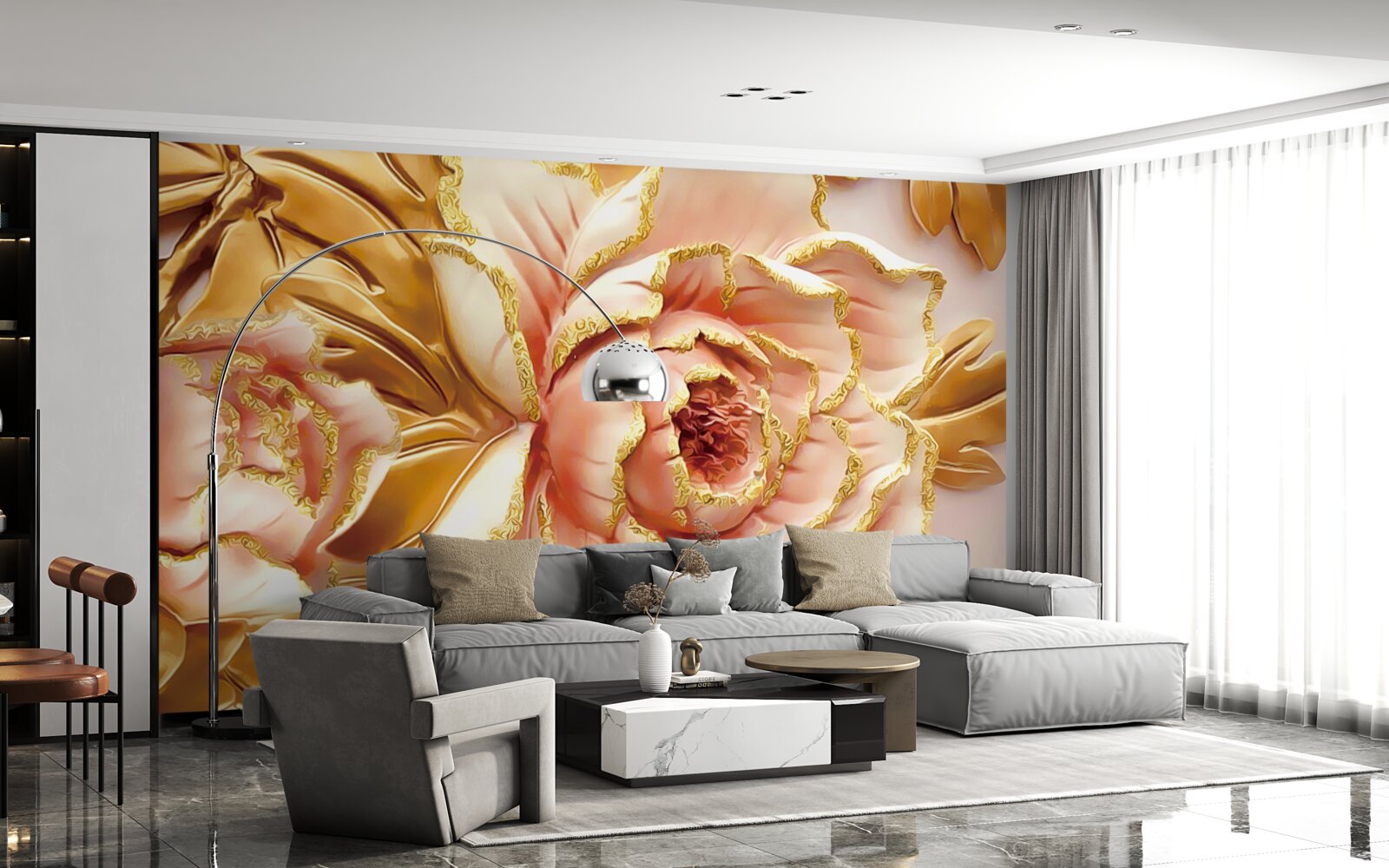 Fototapeta kvitnúca pivónia so zlatými listami