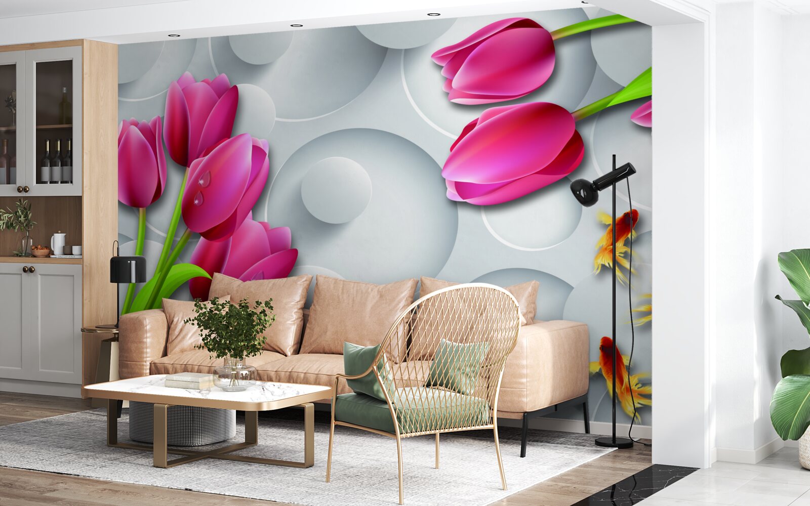 Fototapeta motýle a kytice šarlátových tulipánov